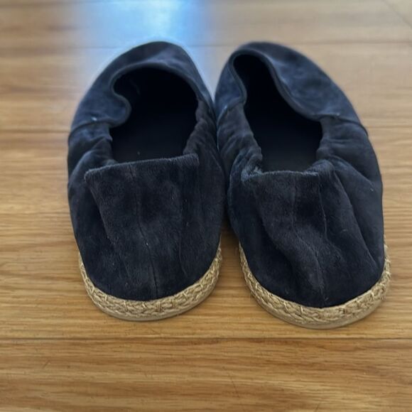 VINCE Womens Navy Leather Espadrille 37.5 Ruched Stretch Meryl Round Toe Slip On - Picture 7 of 11